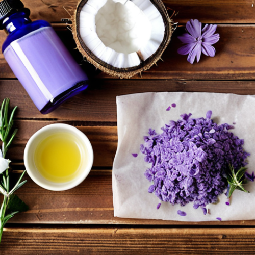 Home 16 **Natural Soap Ingredients**: An aesthetically pleasing flat lay of natural soap-making ingredients including glycerin, lavender essential oil, coconut oil, natural colorants, and parchment paper. The background should be a rustic wooden table with some fresh herbs and flowers for a natural touch.