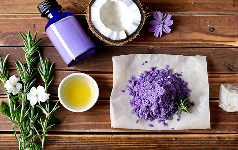 **Natural Soap Ingredients**: An aesthetically pleasing flat lay of natural soap-making ingredients including glycerin, lavender essential oil, coconut oil, natural colorants, and parchment paper. The background should be a rustic wooden table with some fresh herbs and flowers for a natural touch.