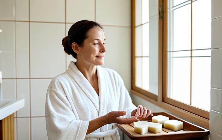 A calm, radiant woman in her late 30s, wearing a modest, soft white spa robe that fully covers her body. She is gently cupping her hands, revealing a creamy, natural soap lather, with a thoughtful, serene expression. Her face shows healthy, glowing skin. The setting is a minimalist, brightly lit bathroom with a large window, soft diffused natural light, light-colored tiles, and subtle wooden accents, creating a peaceful, spa-like atmosphere. A single elegant natural soap bar sits on a small wooden tray in the background. Professional studio photography, high quality, sharp focus, natural colors, inviting ambiance. safe for work, appropriate content, fully clothed, modest, perfect anatomy, correct proportions, natural pose, well-formed hands, proper finger count, natural body proportions.