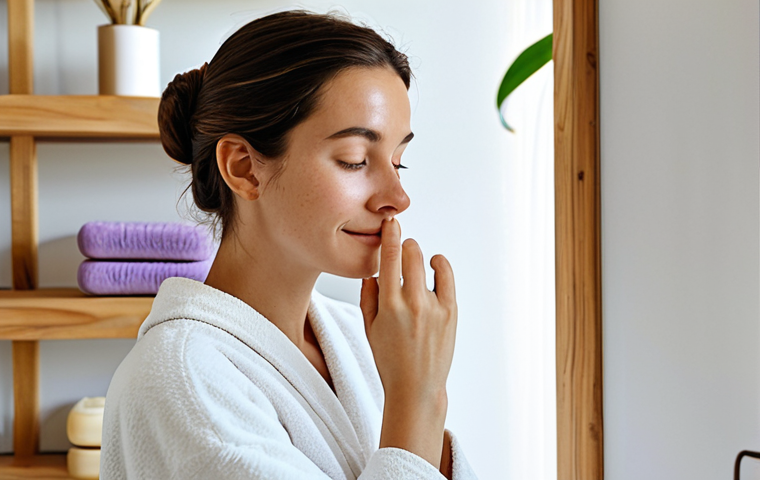 A professional, serene image of a woman with naturally soft, glowing skin, gently touching her arm after a mindful shower. She is fully clothed in modest, comfortable attire. The setting is a clean, minimalist bathroom bathed in warm, natural light. On a polished wooden shelf in the foreground, several beautifully crafted natural soap bars, possibly infused with subtle botanical elements like lavender or chamomile, are elegantly displayed. The atmosphere evokes a sense of peace, self-care, and profound well-being derived from natural products. perfect anatomy, correct proportions, natural pose, well-formed hands, proper finger count, safe for work, appropriate content, fully clothed, family-friendly, professional photography, high quality.