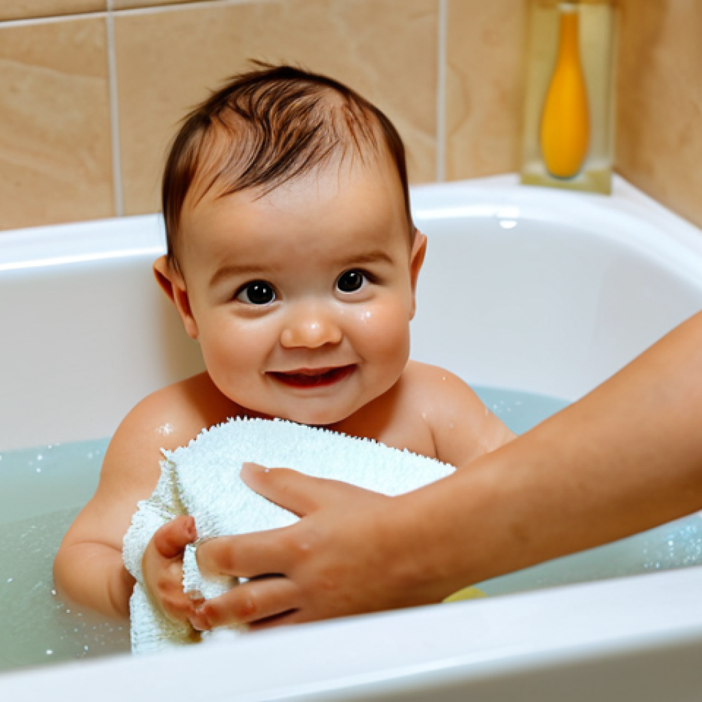 **

A baby getting a bath with a natural chamomile and calendula soap. The baby is happy and relaxed. The setting is a warm and cozy bathroom with soft lighting. Safe for work, appropriate content, fully clothed (baby wearing a washcloth), professional, modest, family-friendly, perfect anatomy, natural proportions, well-formed hands, proper finger count, natural body proportions.

**