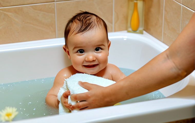 **

A baby getting a bath with a natural chamomile and calendula soap. The baby is happy and relaxed. The setting is a warm and cozy bathroom with soft lighting. Safe for work, appropriate content, fully clothed (baby wearing a washcloth), professional, modest, family-friendly, perfect anatomy, natural proportions, well-formed hands, proper finger count, natural body proportions.

**