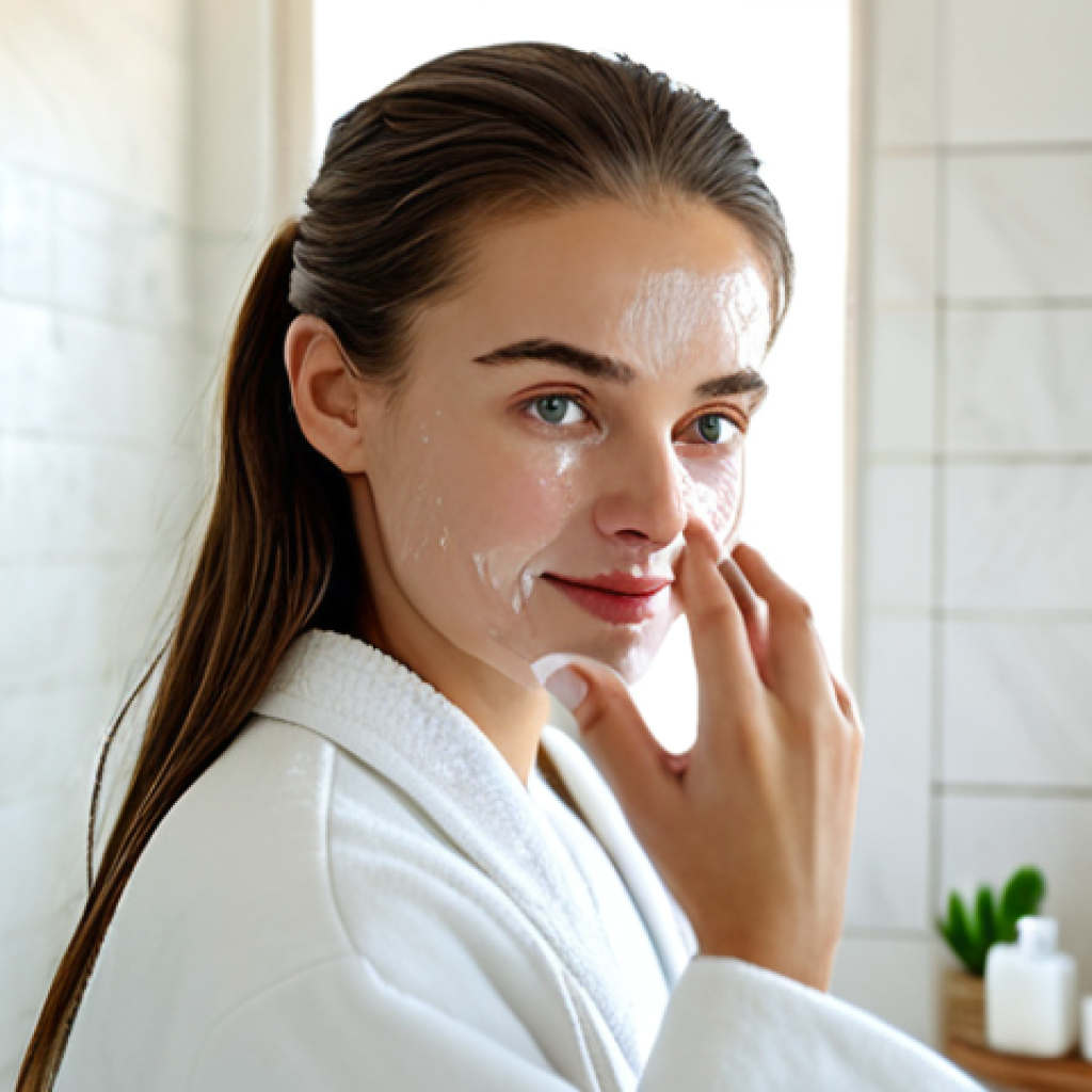 Natural Skincare Routine**

"A woman with a fresh, clean face, fully clothed, applying a natural soap to her face in a bright bathroom. Focus on the gentle application and the natural ingredients. The background includes natural light and minimalist decor. Safe for work, appropriate content, professional skincare, perfect anatomy, natural proportions, high quality."

**