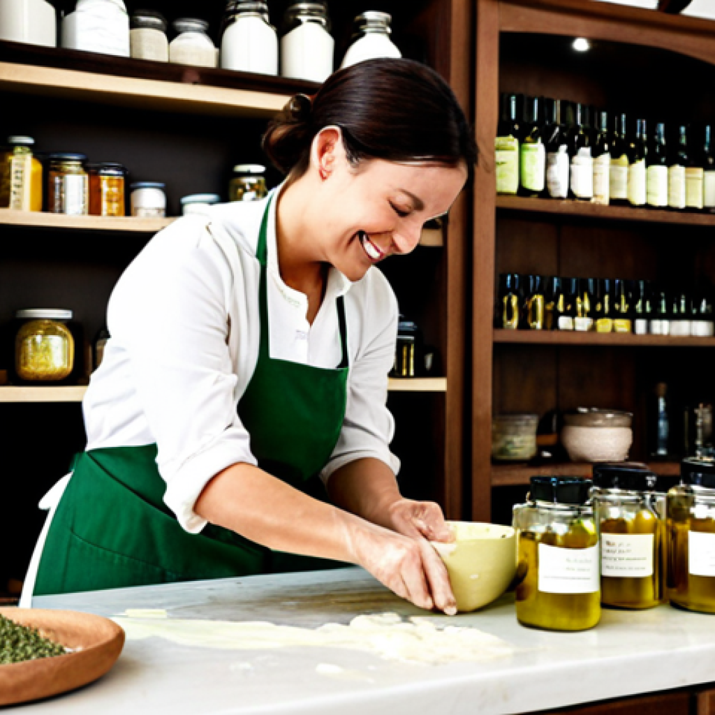 Natural Soap Making**

"A brightly lit, inviting kitchen scene. A woman is carefully pouring melted oils into a mold, surrounded by natural ingredients like olive oil, herbs, and clay. She's wearing an apron and has a focused, happy expression. Jars of dried flowers and essential oils are visible on the shelves. Safe for work, appropriate content, fully clothed, modest, professional photography, perfect anatomy, natural proportions, well-formed hands, proper finger count."

**