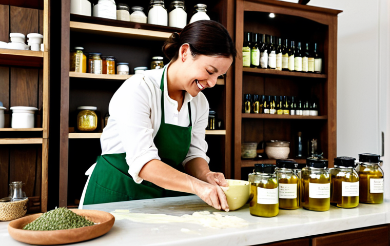 Natural Soap Making**

"A brightly lit, inviting kitchen scene. A woman is carefully pouring melted oils into a mold, surrounded by natural ingredients like olive oil, herbs, and clay. She's wearing an apron and has a focused, happy expression. Jars of dried flowers and essential oils are visible on the shelves. Safe for work, appropriate content, fully clothed, modest, professional photography, perfect anatomy, natural proportions, well-formed hands, proper finger count."

**