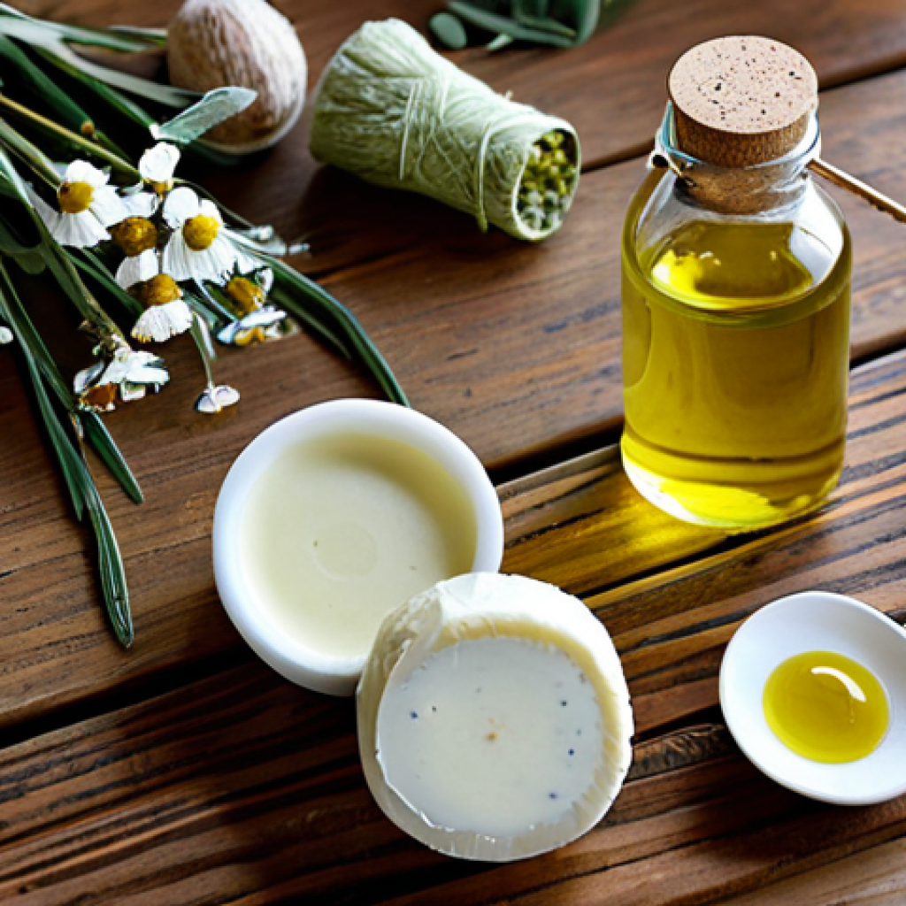 Natural Soap Ingredients Display**

"Close-up shot of various natural soap-making ingredients arranged artfully on a wooden table. Includes olive oil, coconut oil, dried chamomile flowers, green clay powder, and essential oil bottles. Soft, diffused lighting. safe for work, appropriate content, fully clothed, modest arrangement, professional product photography, perfect composition, natural colors."

**