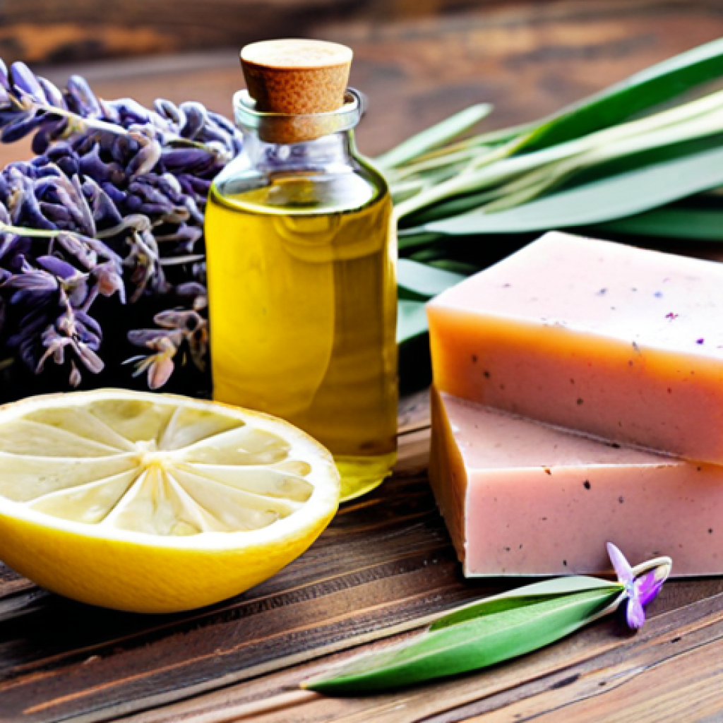 Natural Soap Ingredients**

"A beautifully arranged collection of natural soap-making ingredients: olive oil, coconut oil, shea butter, dried lavender flowers, pink clay powder, and lemon slices. Displayed on a rustic wooden table with soft, natural lighting. Safe for work, appropriate content, fully clothed, professional, perfect anatomy, natural proportions, high quality photograph. Emphasize the textures and colors of the ingredients. Modest, family-friendly."

**