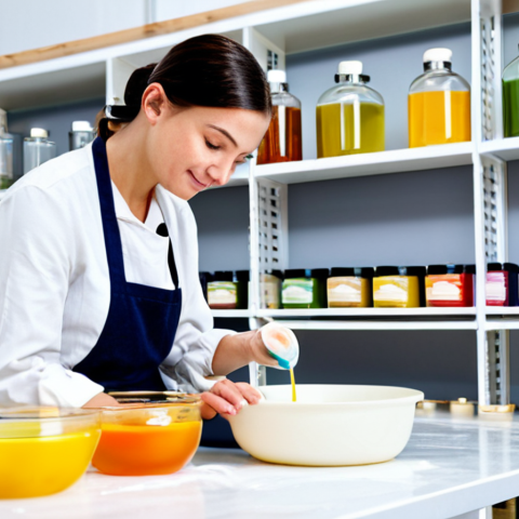 천연비누 베이스 제작법 - Professional Soap Maker**

"A professional woman in a modest, long-sleeved blouse and apron, careful...