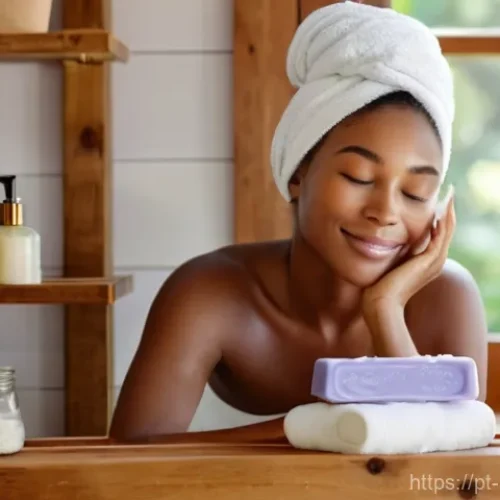 천연비누 피부 관리 - **Prompt:** A serene, sun-drenched bathroom scene. A woman with soft, radiant skin is gently washing...