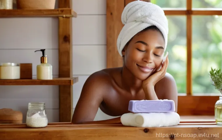 천연비누 피부 관리 - **Prompt:** A serene, sun-drenched bathroom scene. A woman with soft, radiant skin is gently washing...