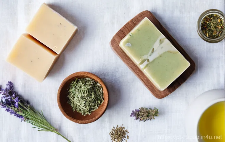 천연비누 피부 관리 - **Prompt:** A serene, sun-drenched bathroom scene. A woman with soft, radiant skin is gently washing...