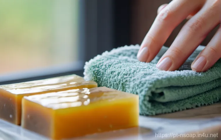 천연비누 피부 관리 - **Prompt:** A beautifully composed flat lay showcasing various artisanal soap bars alongside their p...