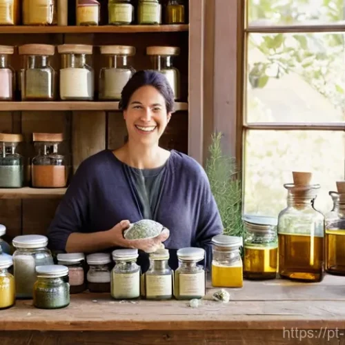 천연비누 재료 구입처 - **Prompt:** A warm, inviting image of a skilled artisan, a woman in her late 30s or early 40s, with ...