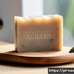 천연비누 피부 진정 - A serene bathroom scene featuring a natural handmade soap bar with visible botanical ingredients lik...