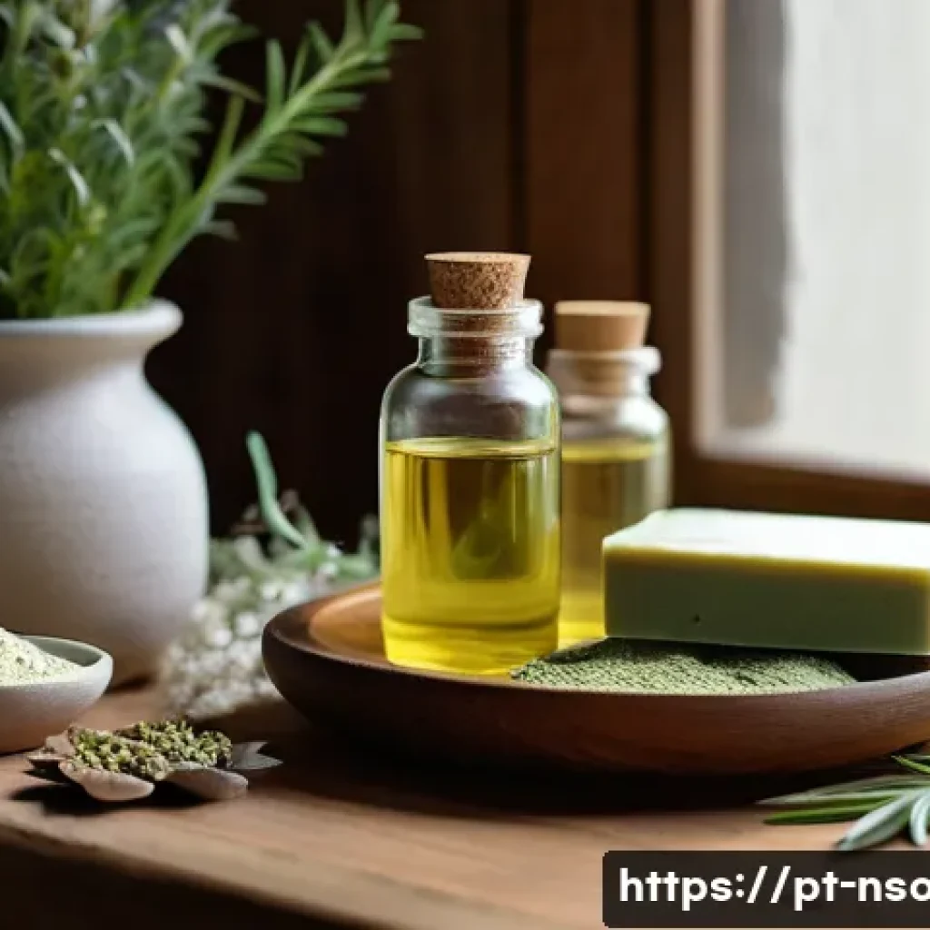 천연비누 피부 트러블 - A detailed, close-up image of a diverse range of natural soap ingredients arranged artfully on a woo...