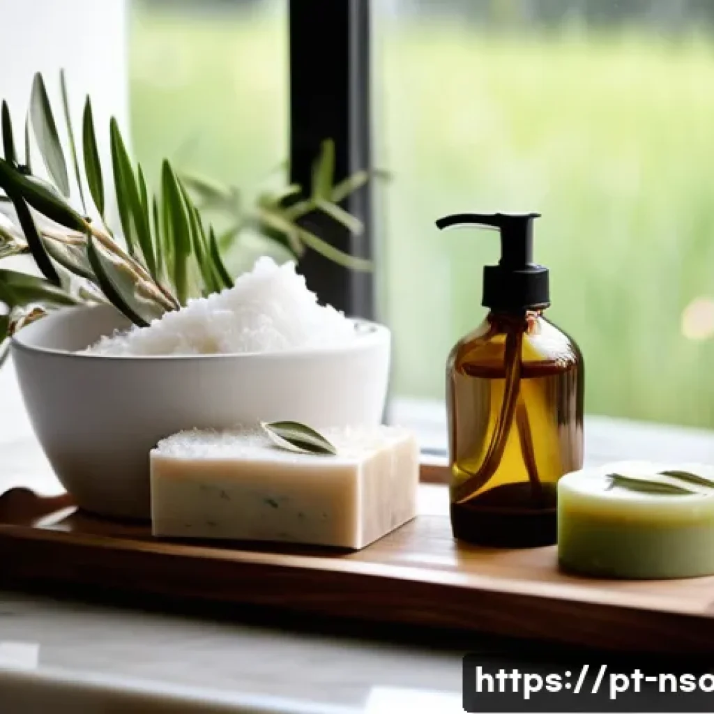 천연비누 오일 - A serene bathroom scene featuring artisanal natural soaps displayed on a wooden tray beside fresh co...