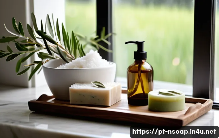 천연비누 오일 - A serene bathroom scene featuring artisanal natural soaps displayed on a wooden tray beside fresh co...