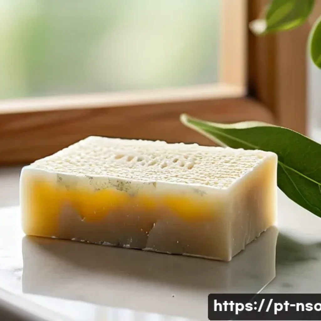 천연비누 피부결 개선 - A rustic bathroom scene featuring a natural soap bar made from olive oil, shea butter, and chamomile...