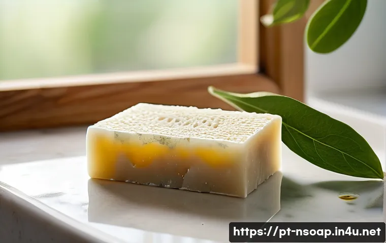 천연비누 피부결 개선 - A rustic bathroom scene featuring a natural soap bar made from olive oil, shea butter, and chamomile...