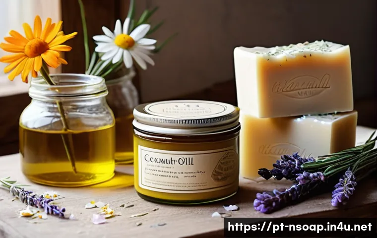 천연비누 만들기 팁 - A cozy artisanal soap-making scene featuring a wooden table filled with natural ingredients: glass j...