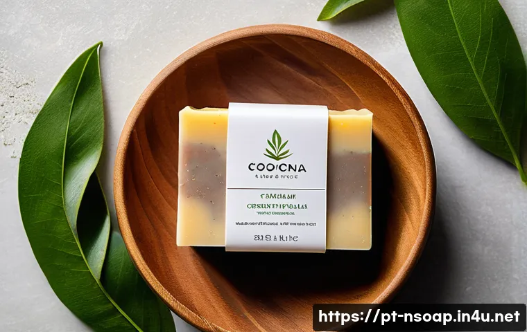 천연비누와 바디클렌저 비교 - A serene bathroom scene featuring natural solid soap bars made from vegetable oils, shea butter, and...