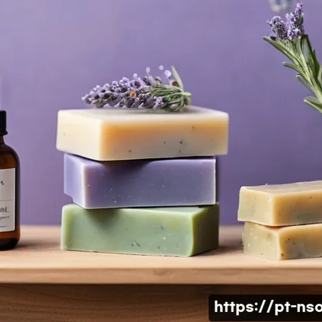 천연비누 성분 분석 - A serene bathroom scene featuring artisanal natural soap bars adorned with botanical ingredients suc...