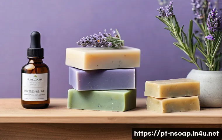 천연비누 성분 분석 - A serene bathroom scene featuring artisanal natural soap bars adorned with botanical ingredients suc...