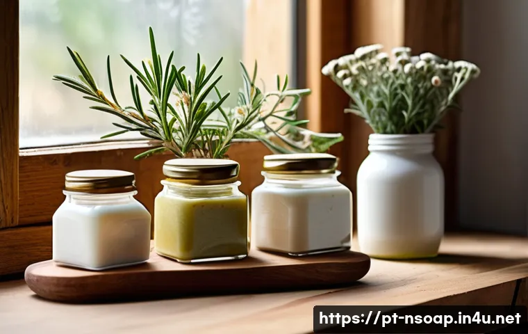 천연비누 만드는 방법 분석 - A rustic artisanal soap display featuring handmade soaps made with olive oil and shea butter, arrang...