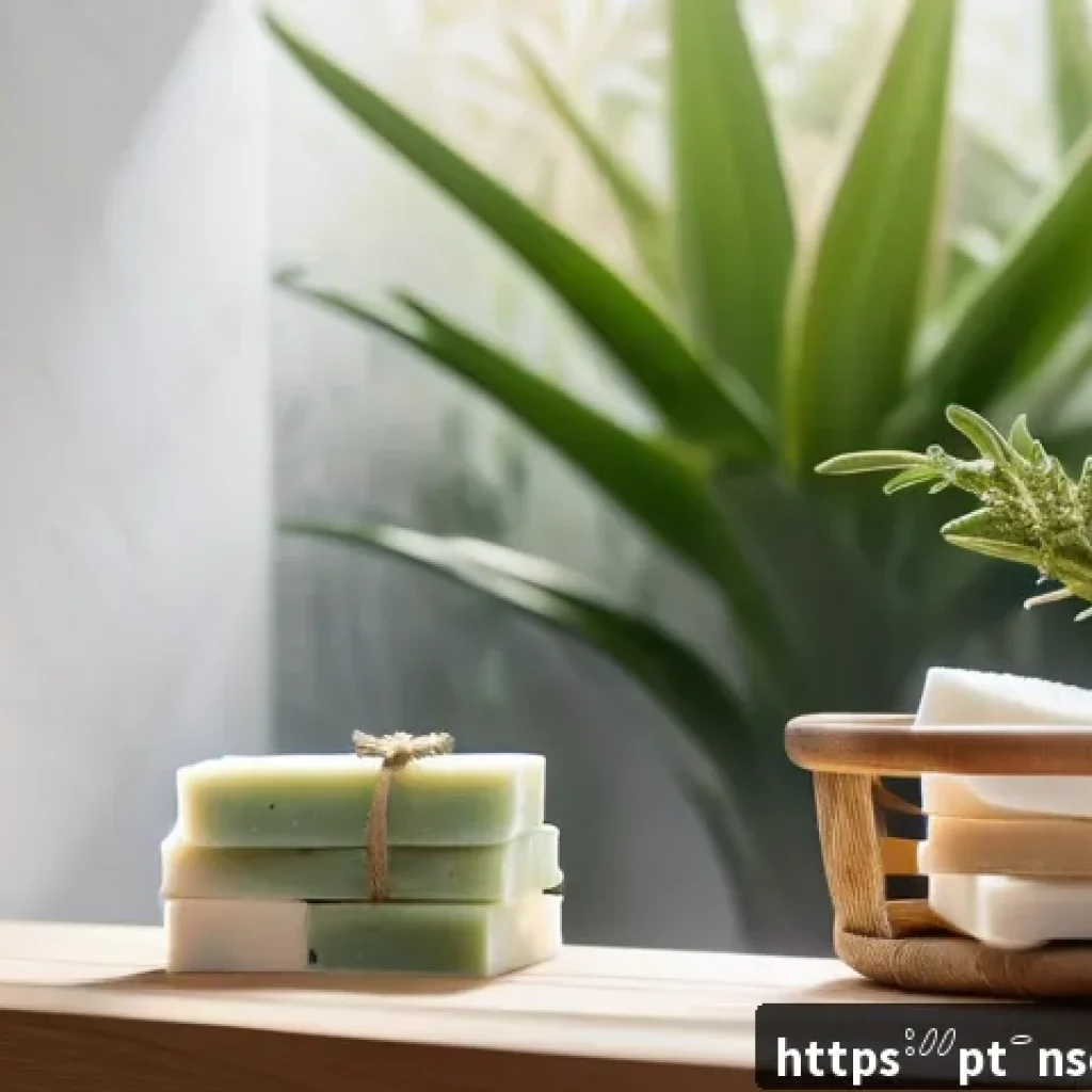 천연비누로 얼굴 모공 축소 - A serene bathroom scene showcasing natural skincare products on a wooden shelf, including soap bars ...