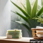 천연비누로 얼굴 모공 축소 - A serene bathroom scene showcasing natural skincare products on a wooden shelf, including soap bars ...