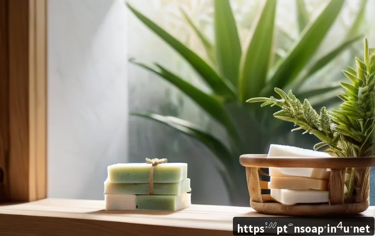 천연비누로 얼굴 모공 축소 - A serene bathroom scene showcasing natural skincare products on a wooden shelf, including soap bars ...