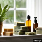 천연비누 추천 후기 - A serene bathroom scene featuring a variety of natural soaps displayed on a wooden shelf, each label...