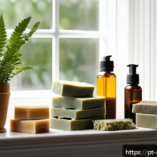 천연비누 추천 후기 - A serene bathroom scene featuring a variety of natural soaps displayed on a wooden shelf, each label...