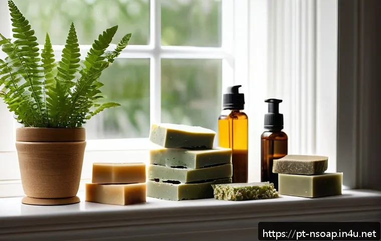 천연비누 추천 후기 - A serene bathroom scene featuring a variety of natural soaps displayed on a wooden shelf, each label...