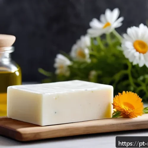 천연비누 효능을 과학적으로 분석 - A serene bathroom scene featuring a natural soap bar on a wooden soap dish beside a small glass bowl...