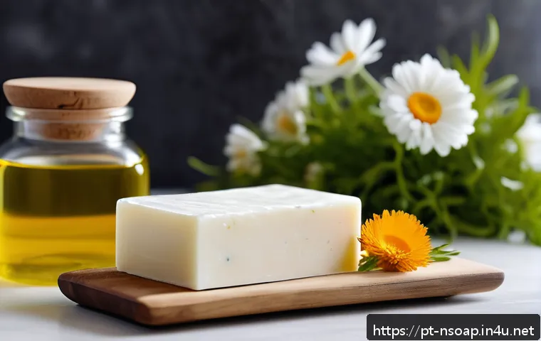 천연비누 효능을 과학적으로 분석 - A serene bathroom scene featuring a natural soap bar on a wooden soap dish beside a small glass bowl...