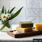천연비누 성분 - A serene bathroom scene featuring artisanal natural soap bars made with coconut oil and olive oil, p...
