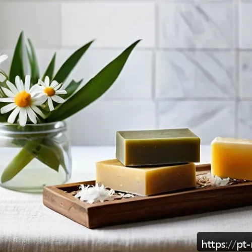 천연비누 성분 - A serene bathroom scene featuring artisanal natural soap bars made with coconut oil and olive oil, p...