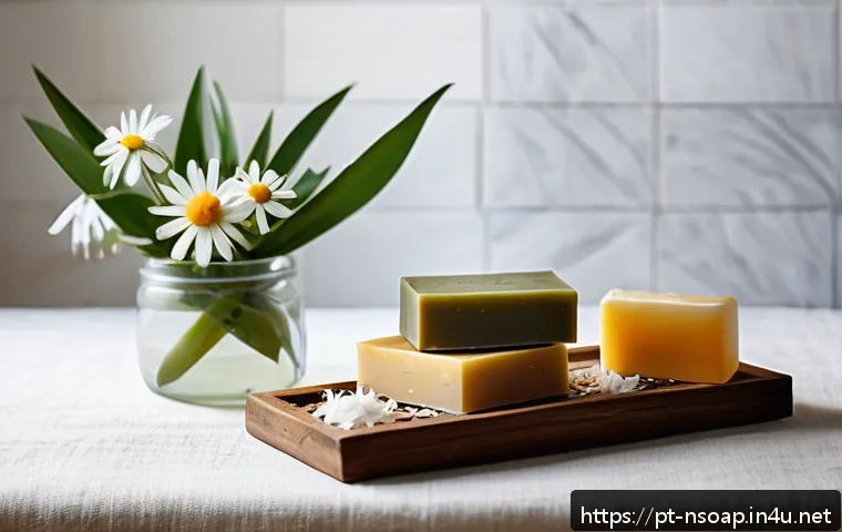 천연비누 성분 - A serene bathroom scene featuring artisanal natural soap bars made with coconut oil and olive oil, p...