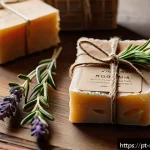 천연비누 판매방법 - A beautifully styled flat lay of natural handmade soaps on a rustic wooden table, surrounded by drie...