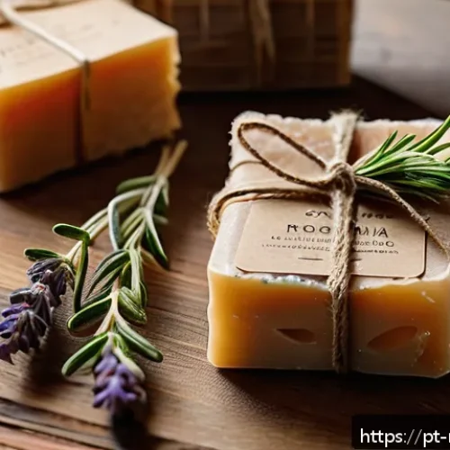 천연비누 판매방법 - A beautifully styled flat lay of natural handmade soaps on a rustic wooden table, surrounded by drie...