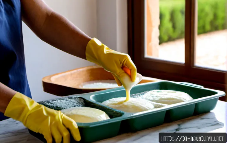 천연비누 만들기 실습 - Photorealistic natural soap-making workshop in a bright Portuguese home kitchen, adult hands wearing...