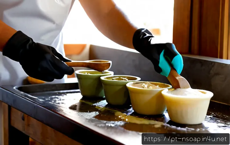 Home 17 천연비누 수제 만들기 - Photorealistic close-up of hands in protective gloves pouring creamy natural soap batter into simple...